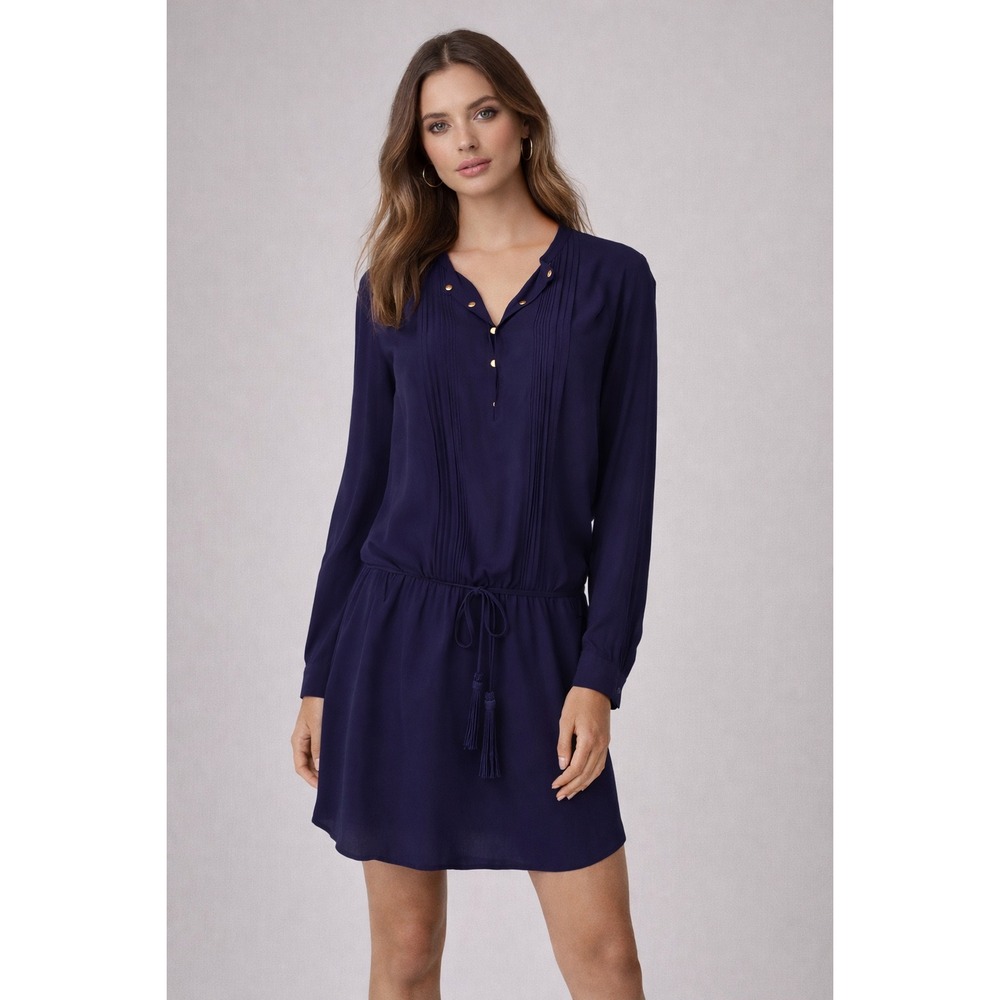 Diane von Furstenberg Navy Blue Pintuck Tassel Drawstring Mini Dress Size‎ Small